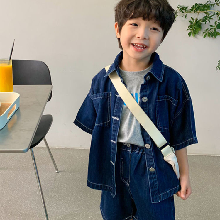 Set copii din două piese: cămașă în stil denim și șorturi, unisex, mâneci scurte, bumbac 71–80%, Finisaj moale