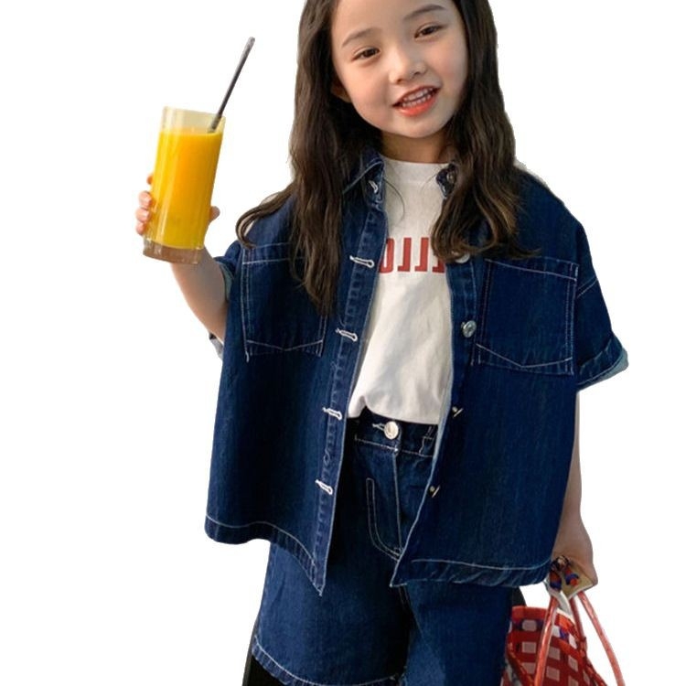 Set copii din două piese: cămașă în stil denim și șorturi, unisex, mâneci scurte, bumbac 71–80%, Finisaj moale