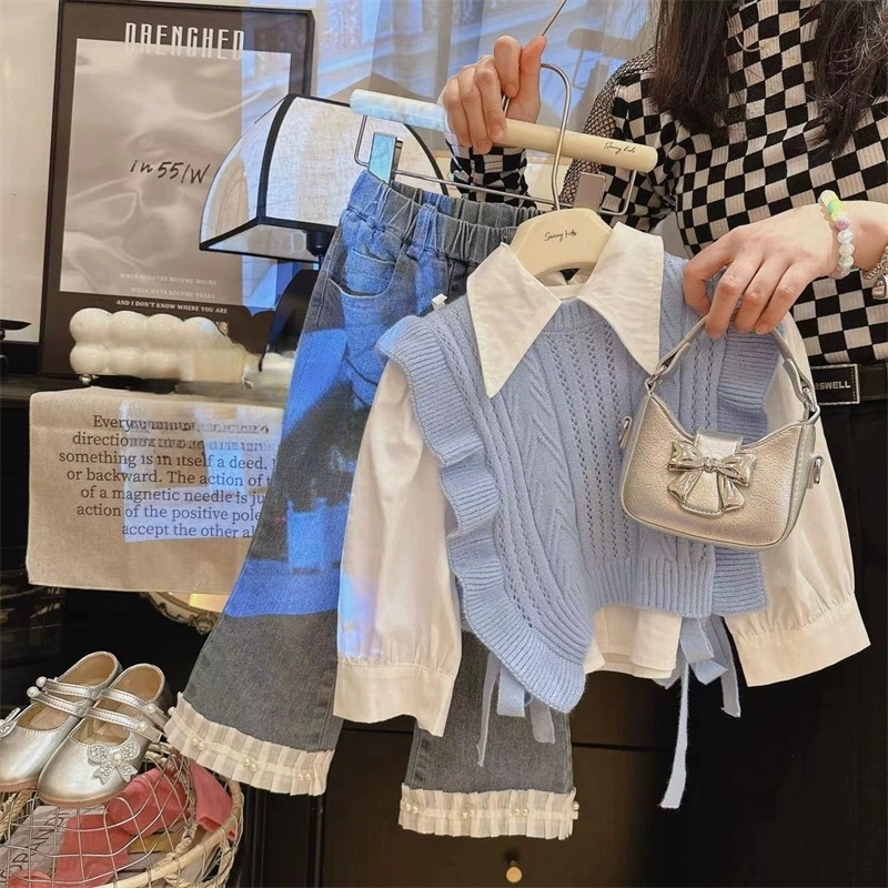 Dječji dvodijelni hlačni kostim za djevojčice, smjesa poliestera, dugi rukav, jednobojni, preppy stil