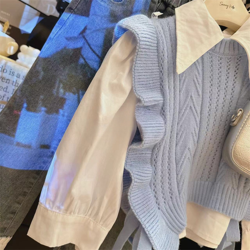 Dječji dvodijelni hlačni kostim za djevojčice, smjesa poliestera, dugi rukav, jednobojni, preppy stil