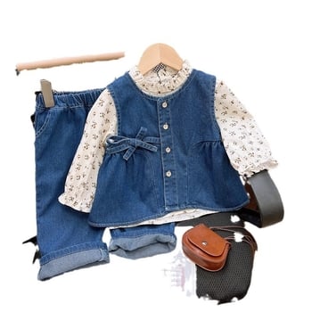 Set trei piese pentru copii: cămașă florală, vestă denim și pantaloni; imprimeu floral; material poliester 50%; pentru copii 3–8 ani; primăvară și toamnă