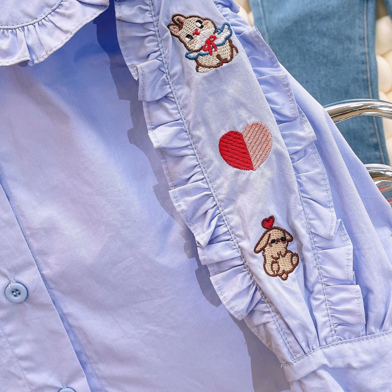 Set de două piese pentru fetițe, stil coreean, mâneci lungi, material din amestec poliester 50%, pentru vârstele 3–8 ani