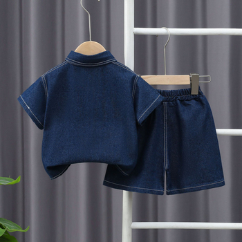 Dječji dvodijelni denim komplet: košulja s ovratnikom i kratkim rukavima te šorc, jednobojan, ljeto