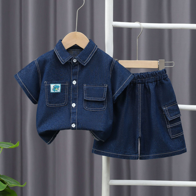 Dječji dvodijelni denim komplet: košulja s ovratnikom i kratkim rukavima te šorc, jednobojan, ljeto
