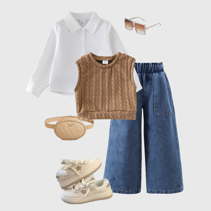 Dječji kostim: košulja i prsluk s denim hlačama, pamuk 65% tkanina, dugi rukavi, jesen 2025
