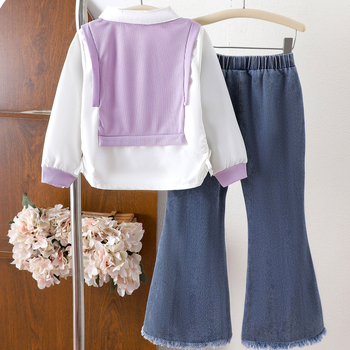 Set de două piese pentru fetițe: cămașă cu mâneci lungi și pantaloni din denim, 95% bumbac, pentru vârsta 1–3 ani, pentru toate anotimpurile