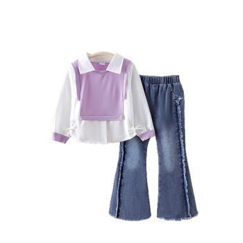 Set de două piese pentru fetițe: cămașă cu mâneci lungi și pantaloni din denim, 95% bumbac, pentru vârsta 1–3 ani, pentru toate anotimpurile