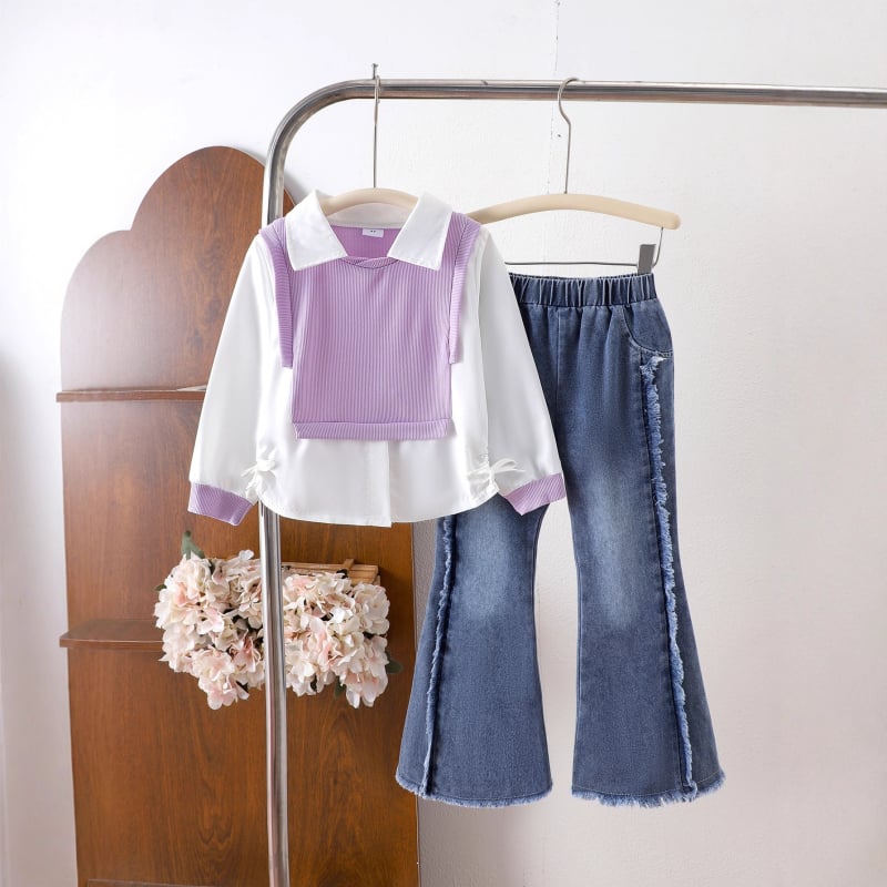 Set de două piese pentru fetițe: cămașă cu mâneci lungi și pantaloni din denim, 95% bumbac, pentru vârsta 1–3 ani, pentru toate anotimpurile