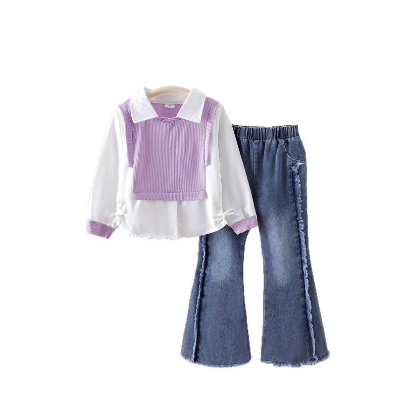 Set de două piese pentru fetițe: cămașă cu mâneci lungi și pantaloni din denim, 95% bumbac, pentru vârsta 1–3 ani, pentru toate anotimpurile