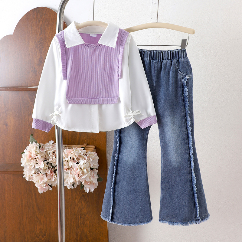 Set de două piese pentru fetițe: cămașă cu mâneci lungi și pantaloni din denim, 95% bumbac, pentru vârsta 1–3 ani, pentru toate anotimpurile