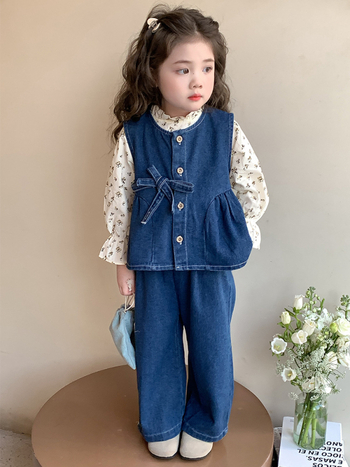 Set pentru fetițe trei piese: cămașă florală de toamnă din denim, stil coreean, bumbac, pentru vârsta 3-8 ani