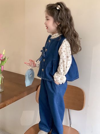 Set pentru fetițe trei piese: cămașă florală de toamnă din denim, stil coreean, bumbac, pentru vârsta 3-8 ani
