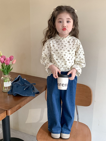 Set pentru fetițe trei piese: cămașă florală de toamnă din denim, stil coreean, bumbac, pentru vârsta 3-8 ani