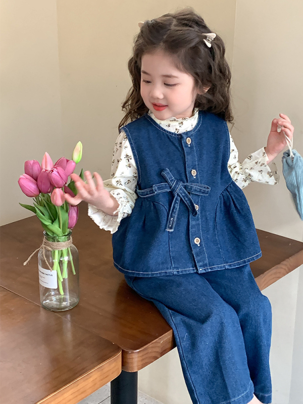 Set pentru fetițe trei piese: cămașă florală de toamnă din denim, stil coreean, bumbac, pentru vârsta 3-8 ani