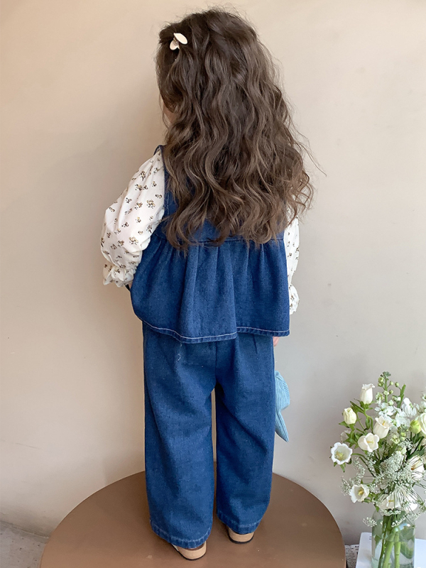 Set pentru fetițe trei piese: cămașă florală de toamnă din denim, stil coreean, bumbac, pentru vârsta 3-8 ani