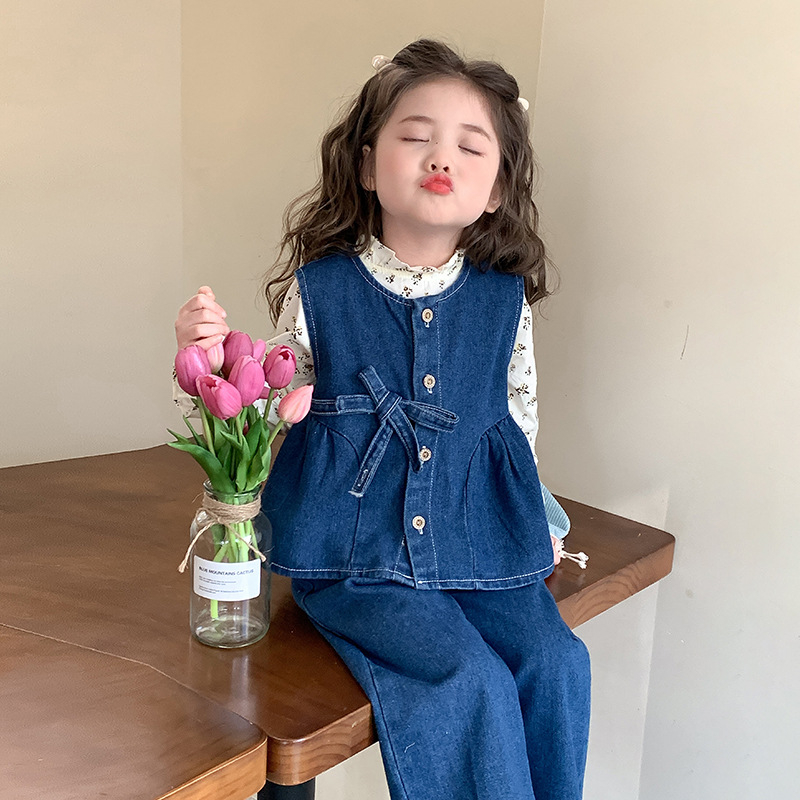 Set pentru fetițe trei piese: cămașă florală de toamnă din denim, stil coreean, bumbac, pentru vârsta 3-8 ani