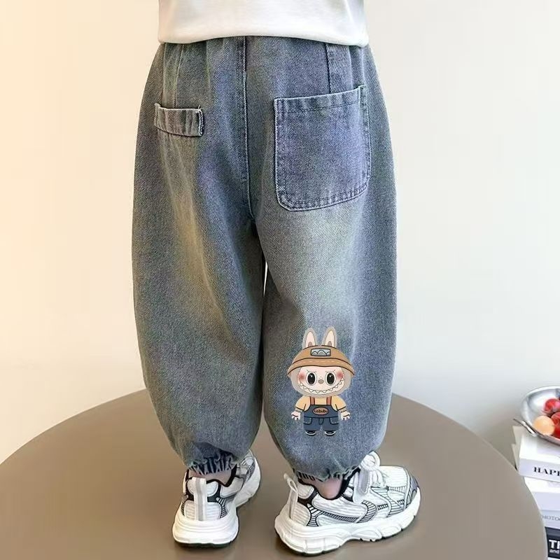 Labubu dječje traperice, denim, proljeće–jesen 2026, širokih krojeva, unisex, duge hlače, korejski stil.