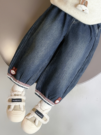 Jeans pentru copii cu fleece în stil coreean, imprimeu desen animat, 90% bumbac, talie medie cu curea elastică, pentru vârsta 3–8 ani, iarna 2025