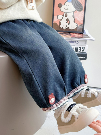 Jeans pentru copii cu fleece în stil coreean, imprimeu desen animat, 90% bumbac, talie medie cu curea elastică, pentru vârsta 3–8 ani, iarna 2025