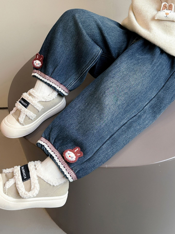 Jeans pentru copii cu fleece în stil coreean, imprimeu desen animat, 90% bumbac, talie medie cu curea elastică, pentru vârsta 3–8 ani, iarna 2025