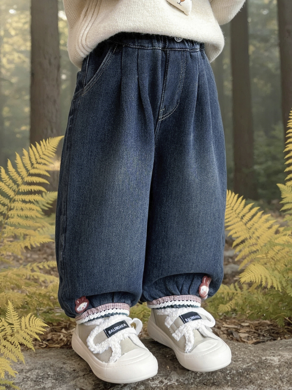 Jeans pentru copii cu fleece în stil coreean, imprimeu desen animat, 90% bumbac, talie medie cu curea elastică, pentru vârsta 3–8 ani, iarna 2025