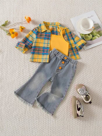 Costum pentru copii cu cămașă în carouri, jeans și bretele — trei piese, poliester brushed, pentru copii 3–8 ani, primăvară și toamnă