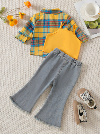 Costum pentru copii cu cămașă în carouri, jeans și bretele — trei piese, poliester brushed, pentru copii 3–8 ani, primăvară și toamnă