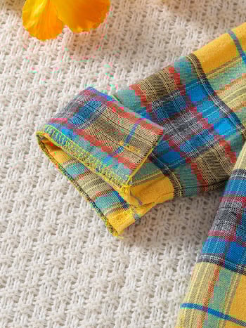 Costum pentru copii cu cămașă în carouri, jeans și bretele — trei piese, poliester brushed, pentru copii 3–8 ani, primăvară și toamnă