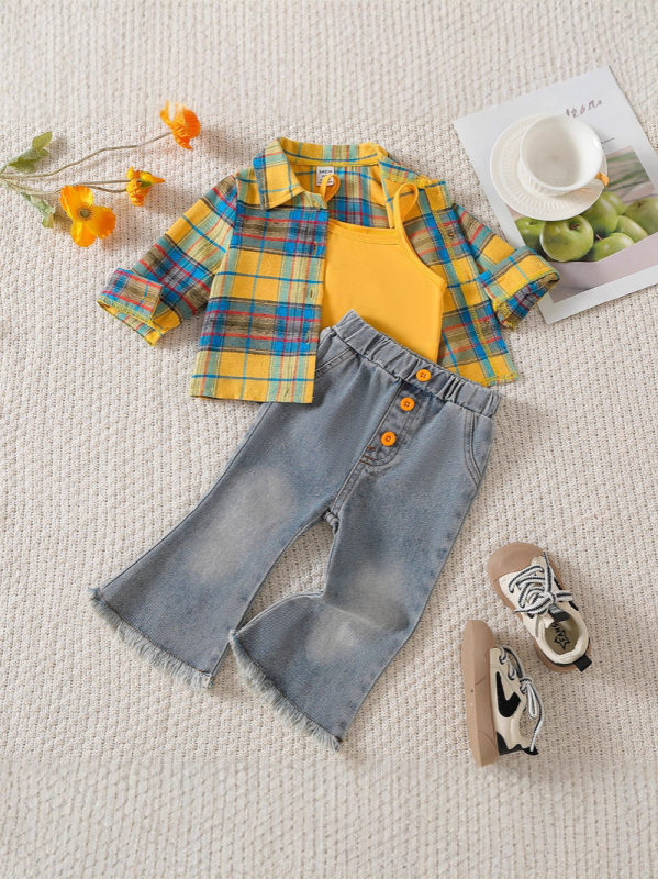 Costum pentru copii cu cămașă în carouri, jeans și bretele — trei piese, poliester brushed, pentru copii 3–8 ani, primăvară și toamnă
