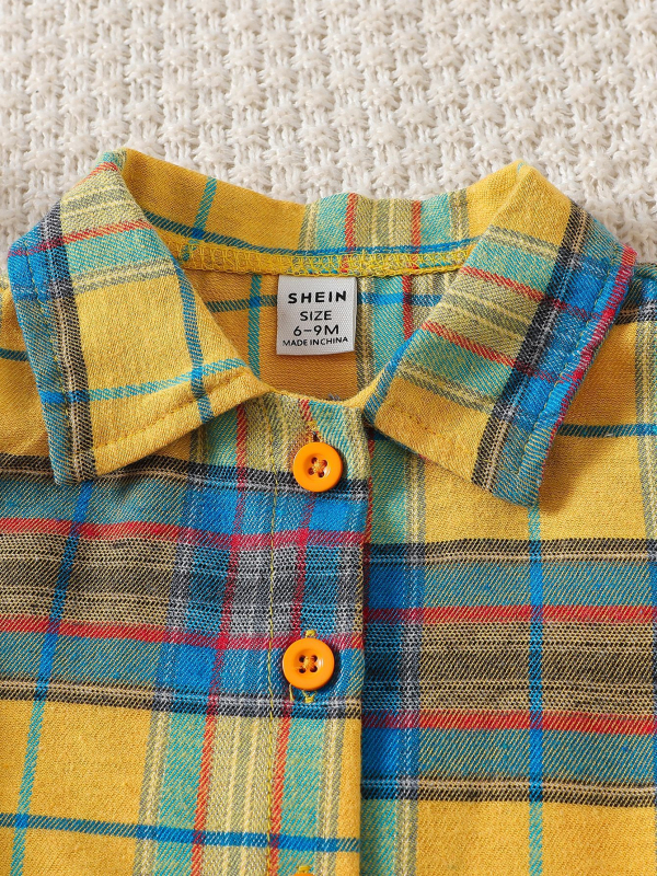 Costum pentru copii cu cămașă în carouri, jeans și bretele — trei piese, poliester brushed, pentru copii 3–8 ani, primăvară și toamnă