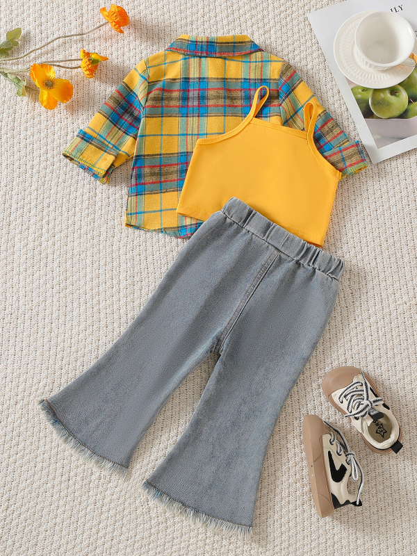 Costum pentru copii cu cămașă în carouri, jeans și bretele — trei piese, poliester brushed, pentru copii 3–8 ani, primăvară și toamnă