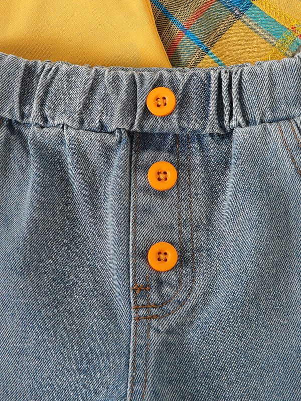 Costum pentru copii cu cămașă în carouri, jeans și bretele — trei piese, poliester brushed, pentru copii 3–8 ani, primăvară și toamnă