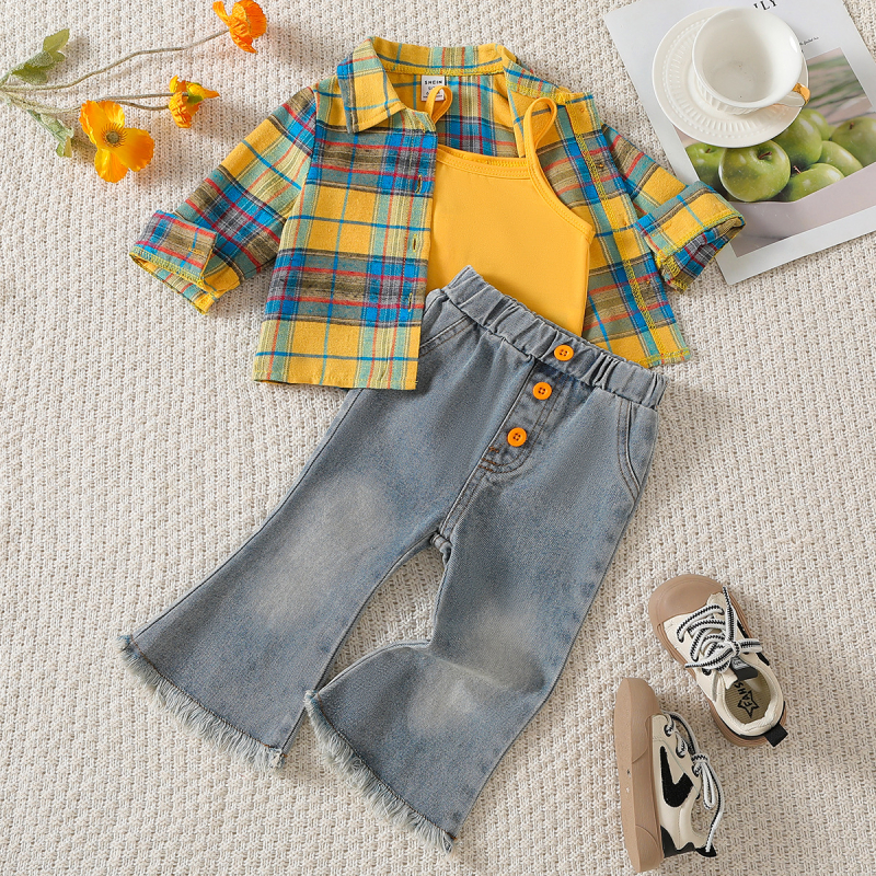 Costum pentru copii cu cămașă în carouri, jeans și bretele — trei piese, poliester brushed, pentru copii 3–8 ani, primăvară și toamnă