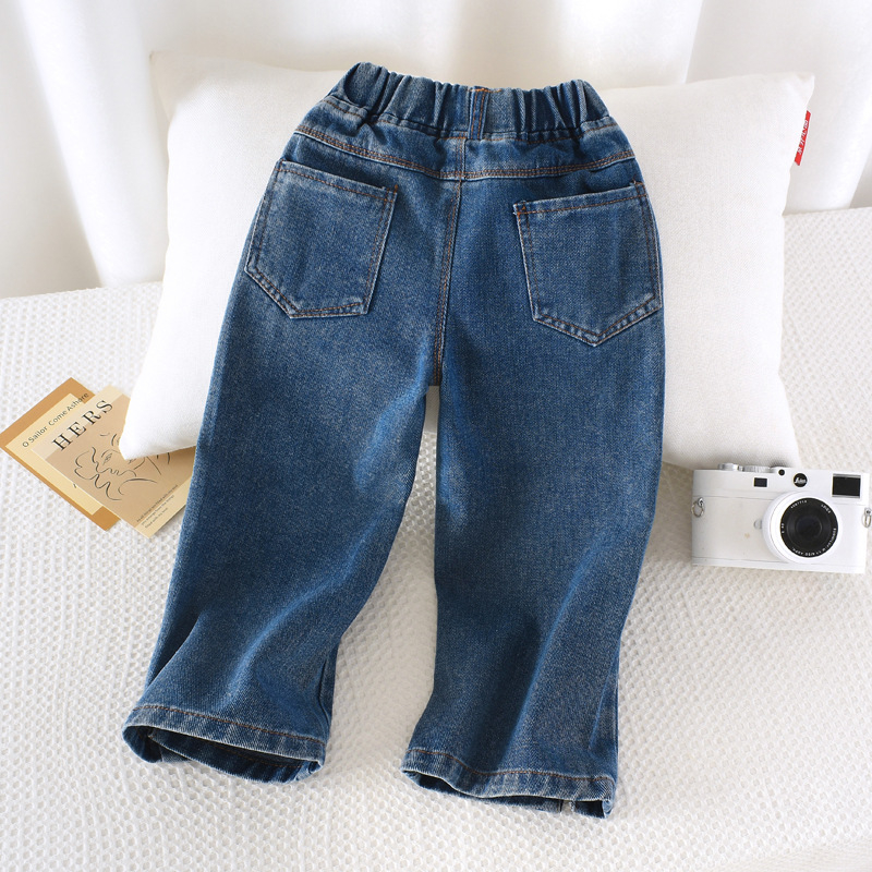 Pantaloni din denim pentru fete, stil coreean, croială largă cu deschidere, talie medie, curea din cauciuc, țesătură moale