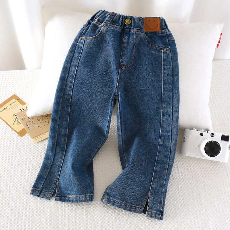 Pantaloni din denim pentru fete, stil coreean, croială largă cu deschidere, talie medie, curea din cauciuc, țesătură moale