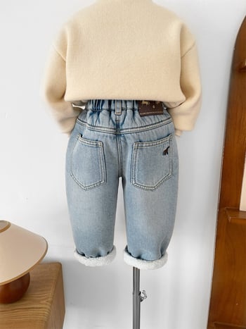 Dječje traperice s izvezenim konjićem, pamuk denim, fleece podstava, zimski korejski stil