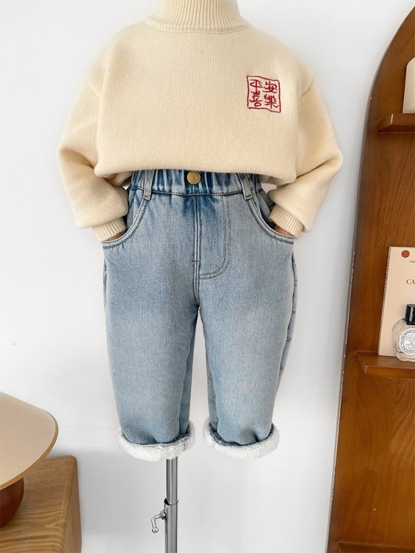 Dječje traperice s izvezenim konjićem, pamuk denim, fleece podstava, zimski korejski stil