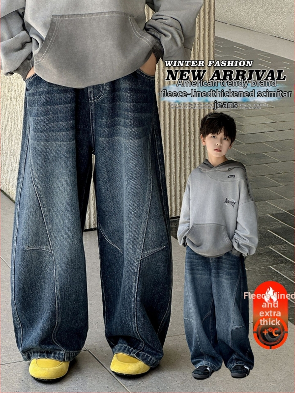 Blugi din denim pentru băieți, căptuți cu fleece, groși, talie medie cu curea elastică, toamna–iarna 2025, pentru copii peste 140 cm