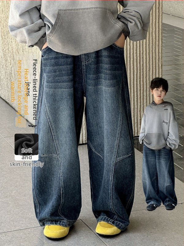 Blugi din denim pentru băieți, căptuți cu fleece, groși, talie medie cu curea elastică, toamna–iarna 2025, pentru copii peste 140 cm