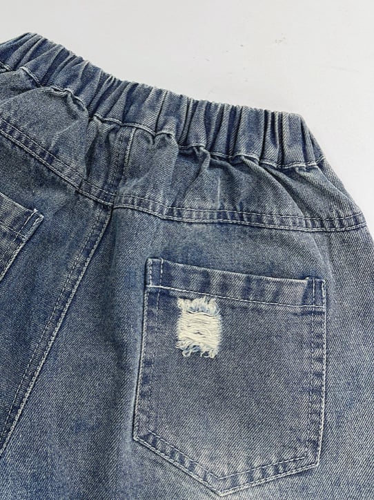 Șorturi denim pentru copii, stil coreean, talie înaltă, bumbac, lungime medie cu rupturi, pentru copii 3–8 ani