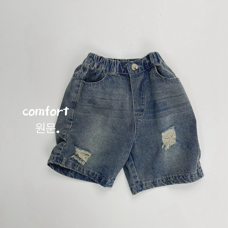 Șorturi denim pentru copii, stil coreean, talie înaltă, bumbac, lungime medie cu rupturi, pentru copii 3–8 ani