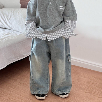 Jeansi din denim pentru copii, stil coreean, croială largă, pantaloni lungi, talie elastică, bumbac 80%