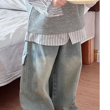 Jeansi din denim pentru copii, stil coreean, croială largă, pantaloni lungi, talie elastică, bumbac 80%