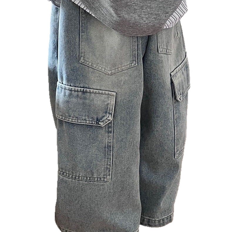 Jeansi din denim pentru copii, stil coreean, croială largă, pantaloni lungi, talie elastică, bumbac 80%