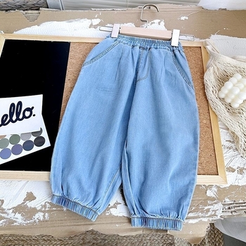 Pantaloni pentru copii, stil hip-hop, material denim-bumbac, talie înaltă, lungime crop