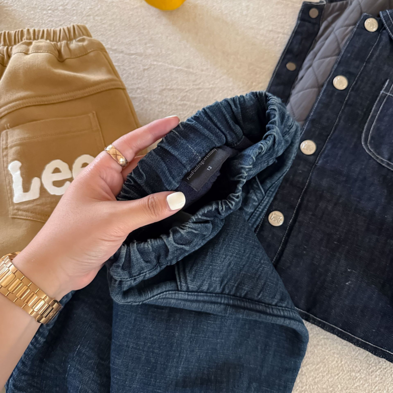Pantaloni din denim cu fleece pe interior și litere, stil coreean, 80% bumbac, talie medie, bandă elastică, pentru băieți 3–8 ani