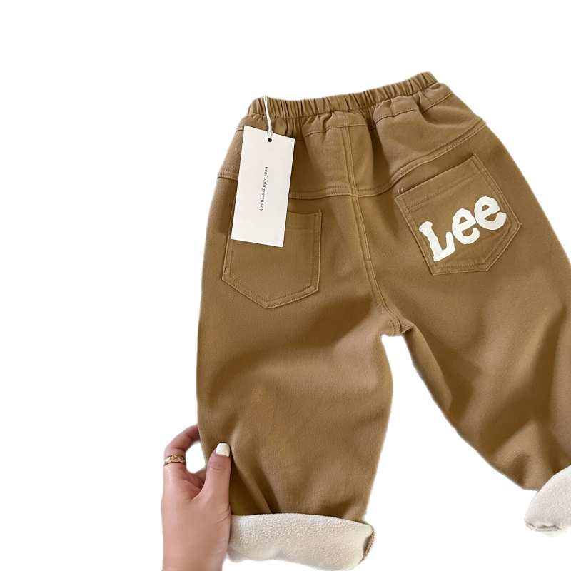 Pantaloni din denim cu fleece pe interior și litere, stil coreean, 80% bumbac, talie medie, bandă elastică, pentru băieți 3–8 ani