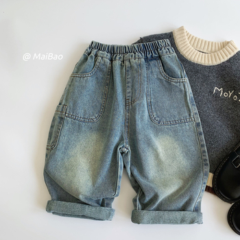 Jeans copii stil coreean, talie medie cu bandă elastică, buzunare multiple, bumbac 67.1%, iarnă