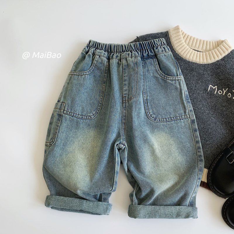 Jeans copii stil coreean, talie medie cu bandă elastică, buzunare multiple, bumbac 67.1%, iarnă