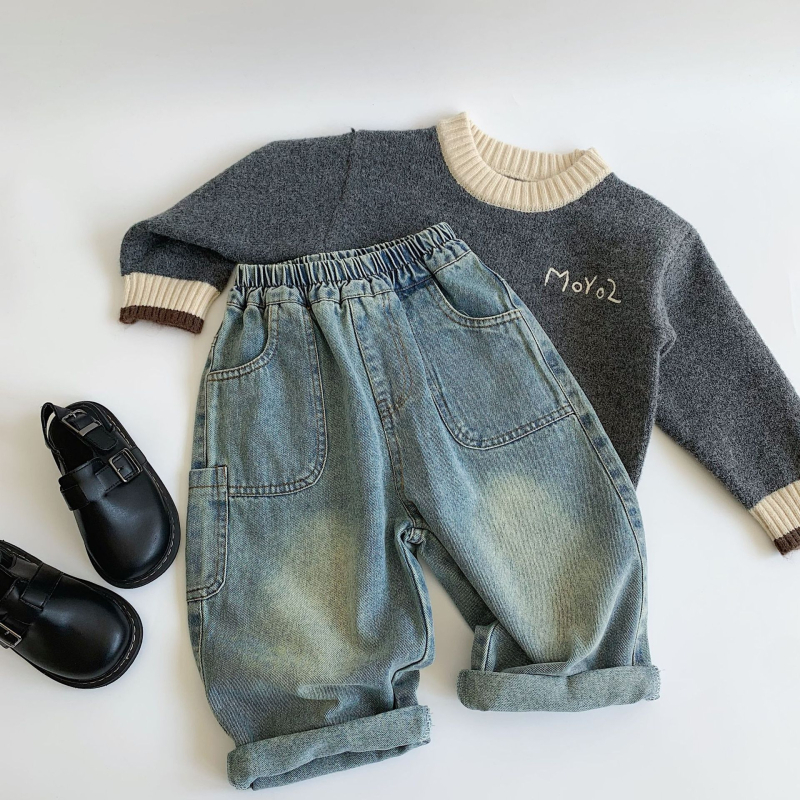 Jeans copii stil coreean, talie medie cu bandă elastică, buzunare multiple, bumbac 67.1%, iarnă